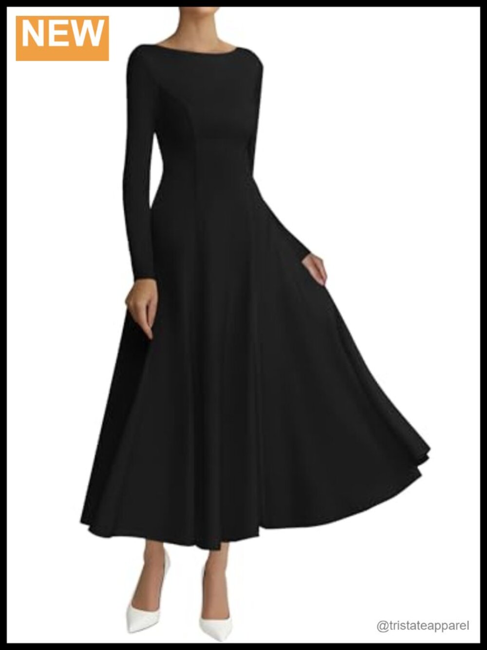 Long Sleeve A-Line Maxi Wedding Guest Dress Boat Neck Pull On
